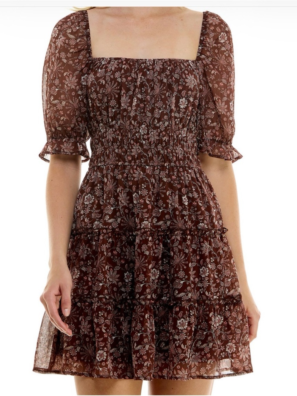 Trixxi Brown Floral Square-Neck Tiered Mini Dress